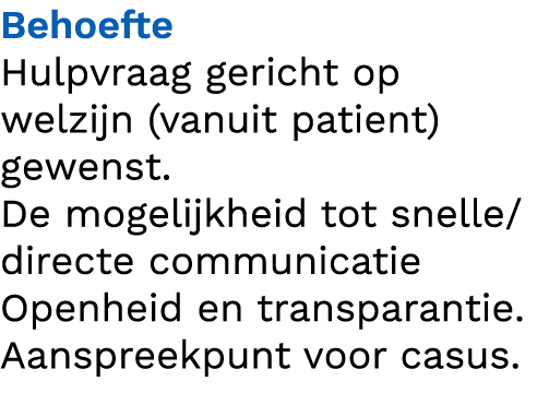 Behoefte Hulpvraag gericht op welzijn (vanuit patient) gewenst. De mogelijkheid tot snelle/directe communicatie Openh...
