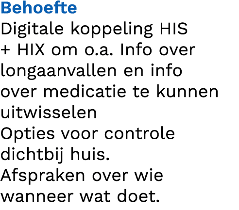 Behoefte Digitale koppeling HIS + HIX om o.a. Info over longaanvallen en info over medicatie te kunnen uitwisselen Op...